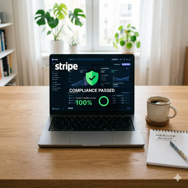 Stripe compliance scanner dashboard showing 100% score on a laptop