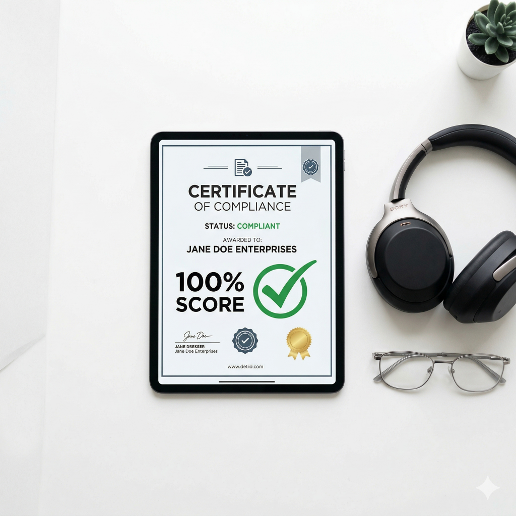 Clean desk with a tablet showing a 100 percent Stripe compliance score