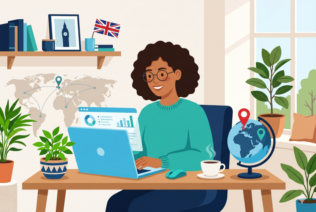 International entrepreneur running a UK company remotely from a laptop  