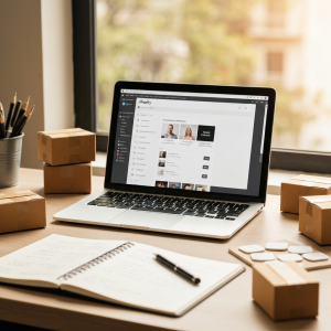 Best Shopify dropshipping suppliers 2026 — a Shopify store dashboard on a laptop with shipping boxes on a clean desk