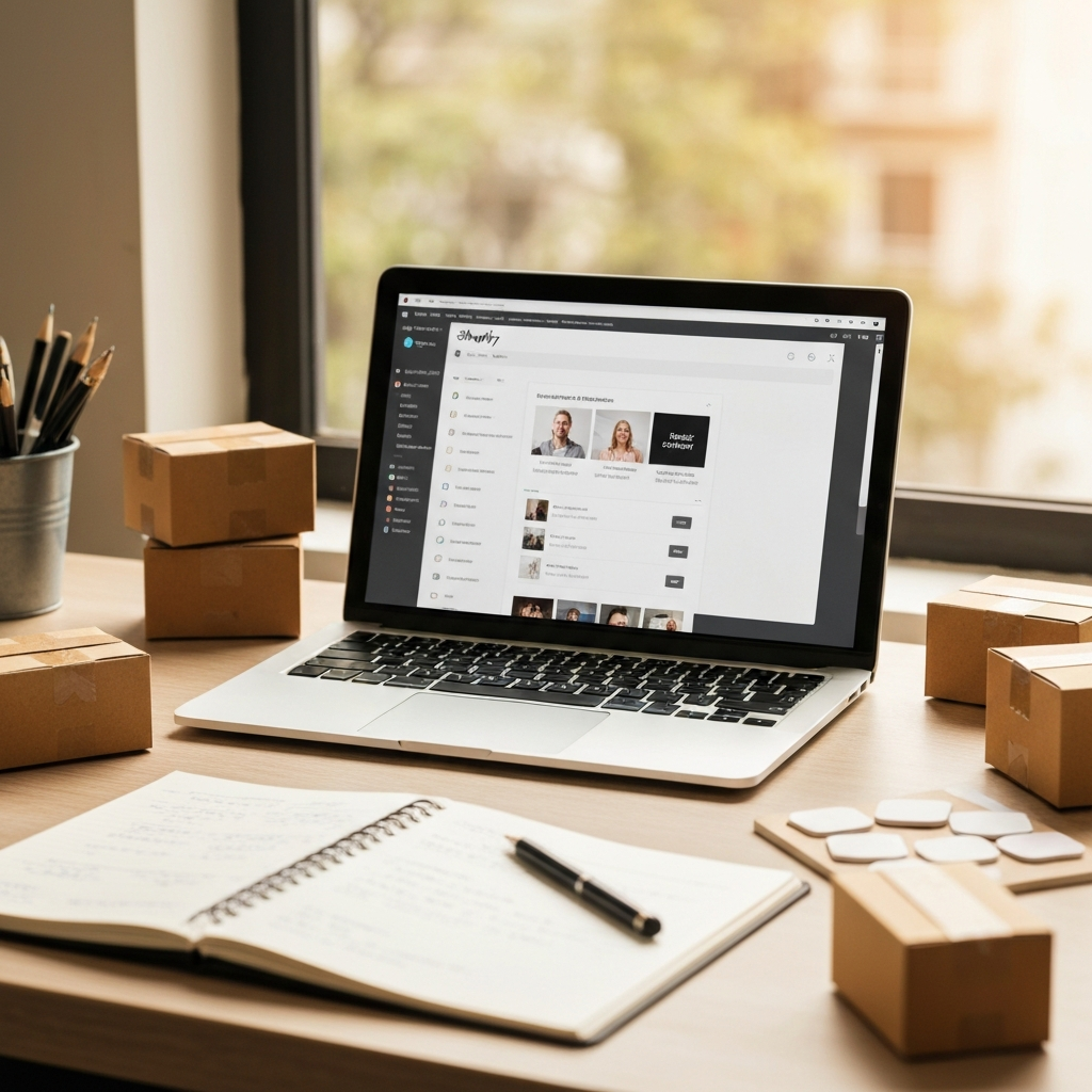 Best Shopify dropshipping suppliers 2026 — a Shopify store dashboard on a laptop with shipping boxes on a clean desk