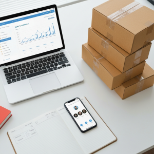 TikTok Shop UK seller fees 2026 breakdown on a laptop dashboard next to shipping boxes