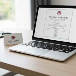 company name vs trading name UK - registered company certificate and brand identity card on a desk