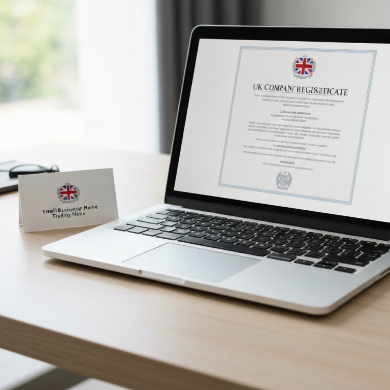 company name vs trading name UK - registered company certificate and brand identity card on a desk