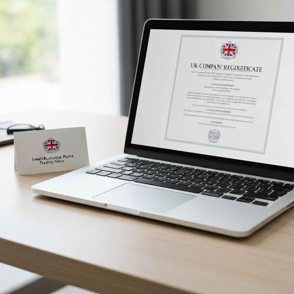 company name vs trading name UK - registered company certificate and brand identity card on a desk