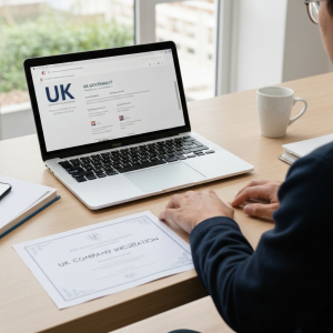 how to register a company UK - laptop showing Companies House registration and certificate of incorporation on desk