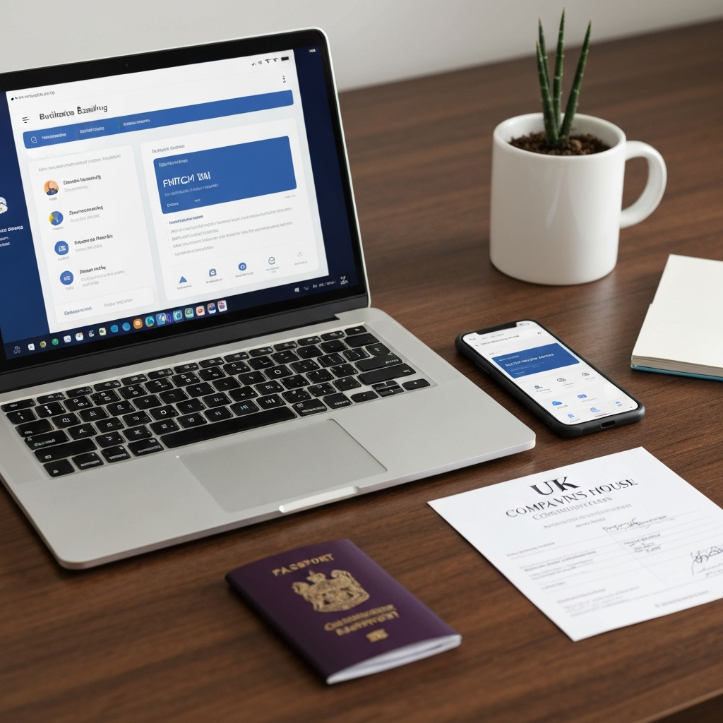 tide business account non uk resident director setup — laptop with banking app and UK company documents on desk