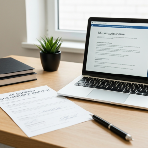shareholders in a UK company share structure documents and laptop