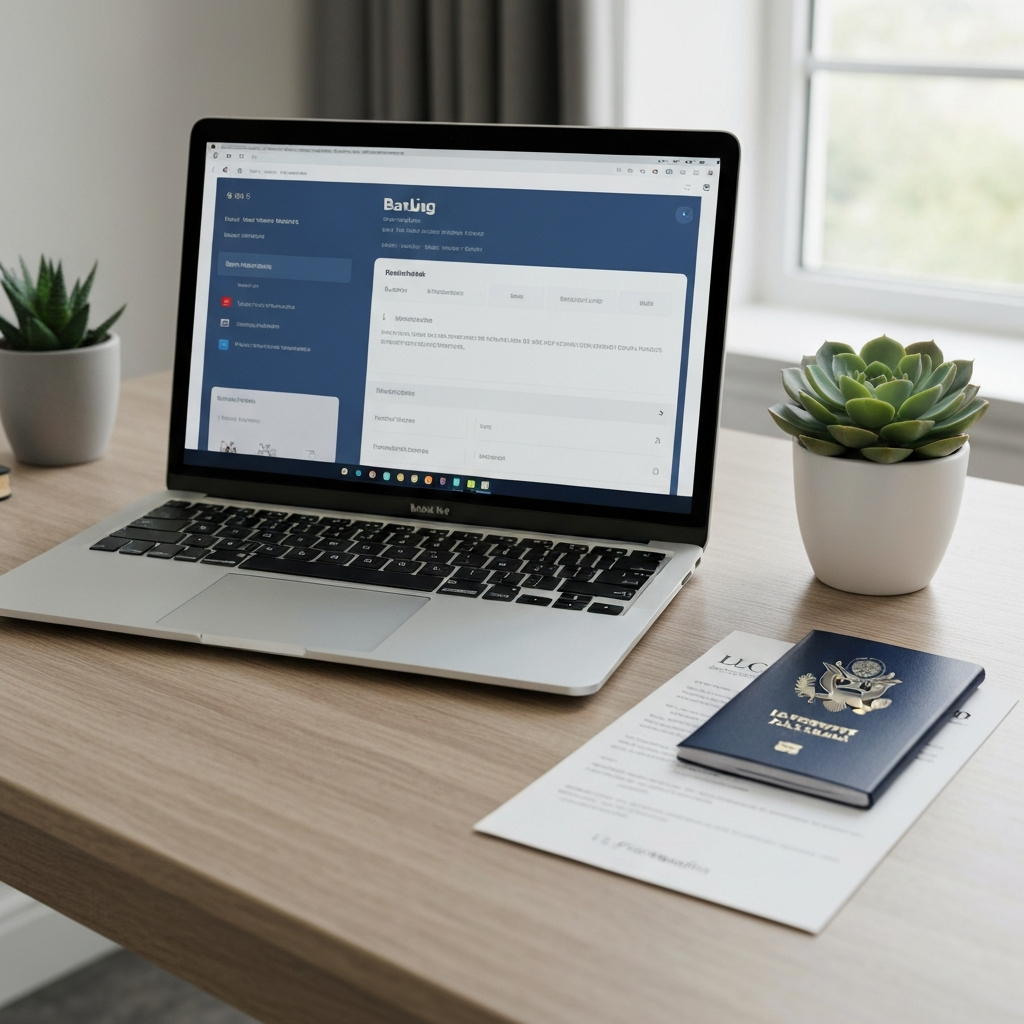 US LLC bank account setup for non-residents showing laptop with banking dashboard and formation documents