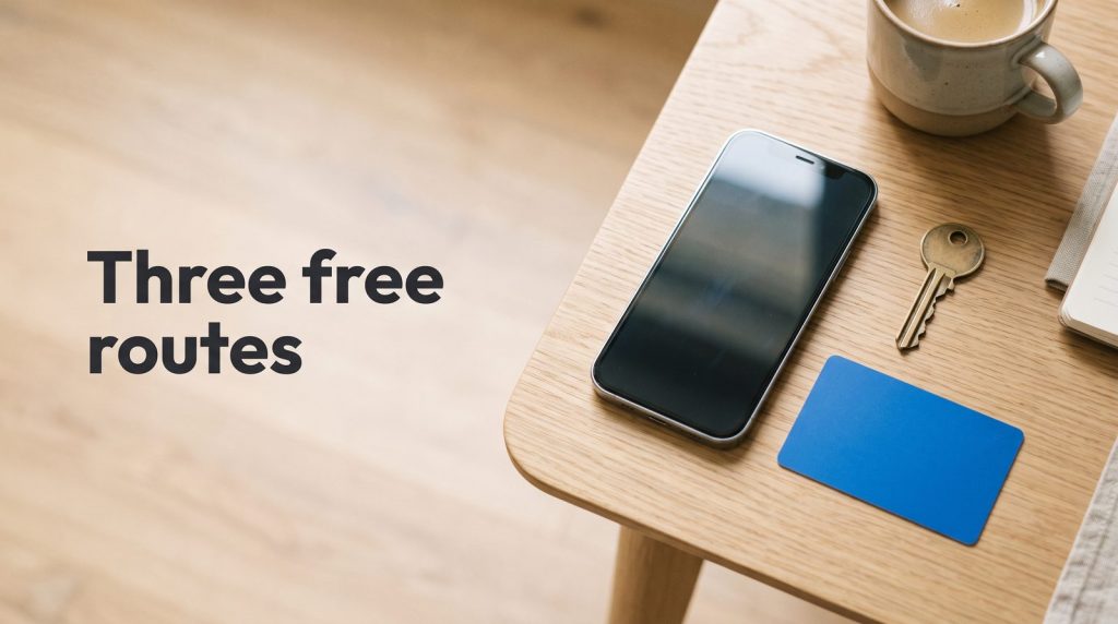 A phone, a brass door key and a blue bank card on an oak table, standing for the three free routes.