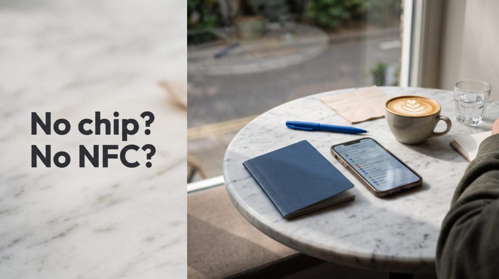 A plain dark-blue booklet and a smartphone on a marble cafe table next to a cappuccino.