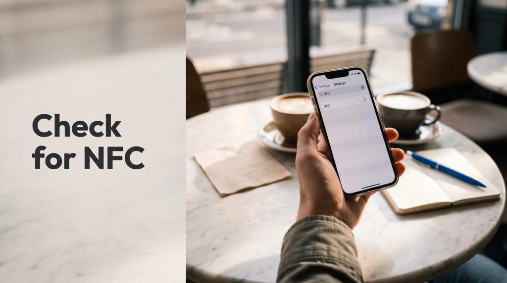 A hand holding a phone with NFC typed into the Settings search bar at a cafe table.