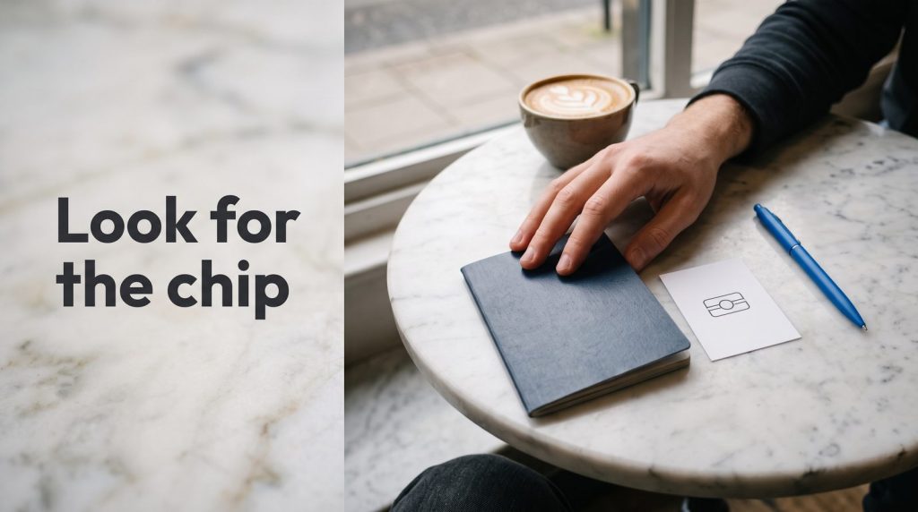 A hand resting on a plain dark-blue booklet beside a card showing the ePassport chip symbol.