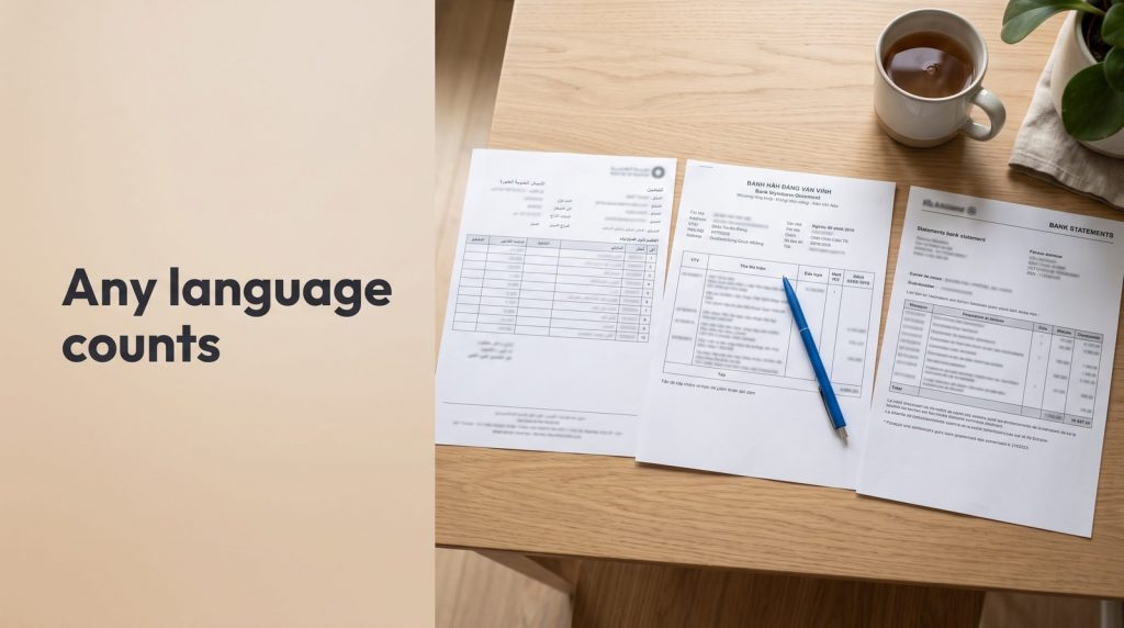 Three bank statements laid out on a kitchen table with a blue pen and a cup of tea.