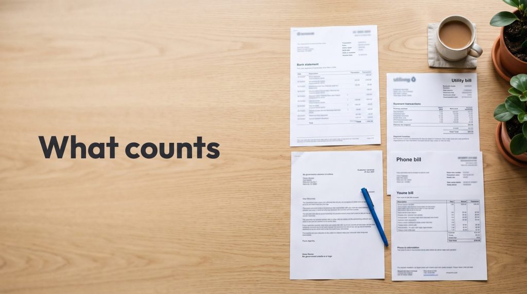 A bank statement, a utility bill, an official letter and a phone bill laid out on a kitchen table.