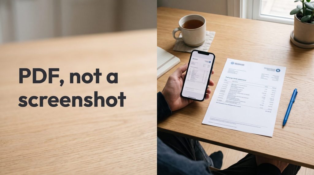 A hand holding a phone showing a cropped screenshot next to a full printed statement.