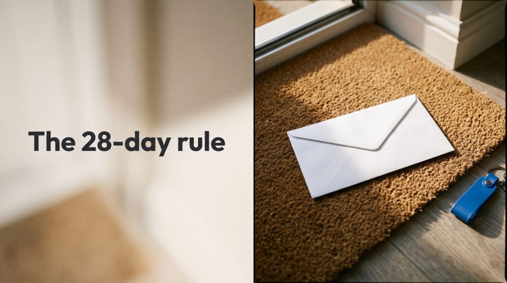 A sealed envelope on a doormat just inside a front door.