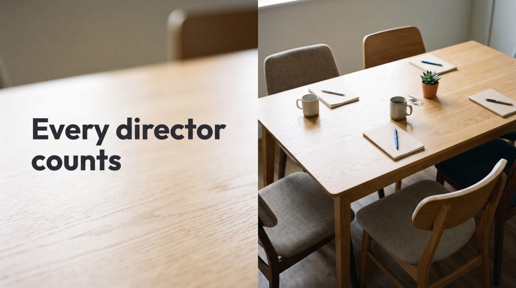 A meeting table with three places set with notebooks and one empty chair.