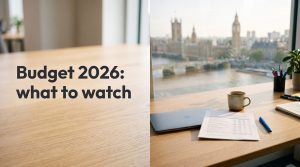 A co-working desk with a report and a mug, overlooking Westminster through a large window.