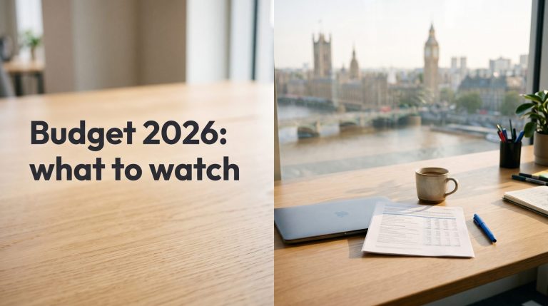 A co-working desk with a report and a mug, overlooking Westminster through a large window.