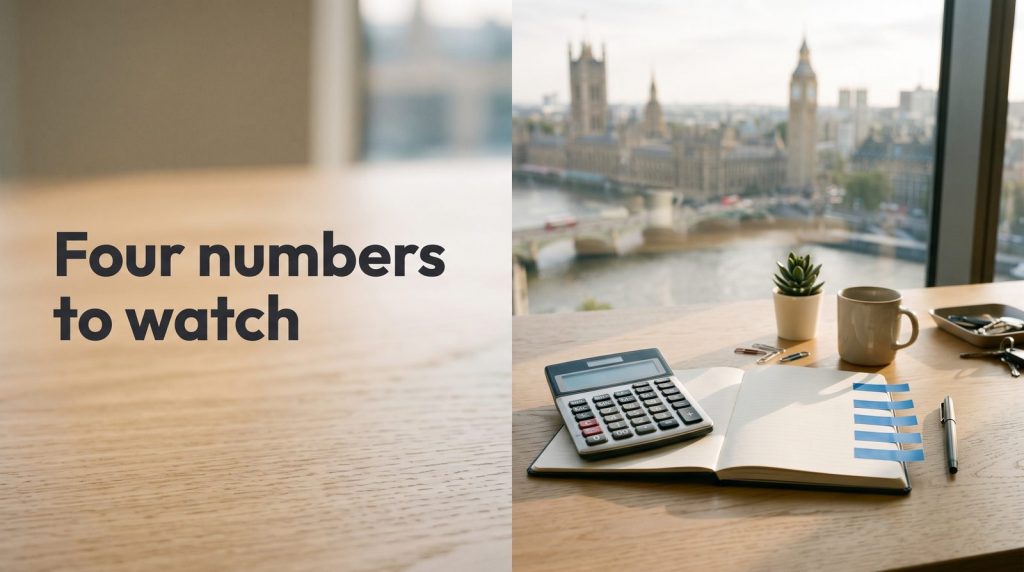 A calculator, a notebook with blue tabs and a pen on a desk overlooking Westminster.