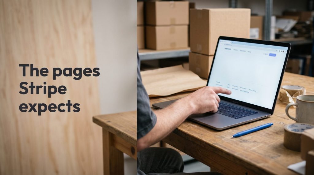 A hand on a laptop showing a shop's website on a packing table.